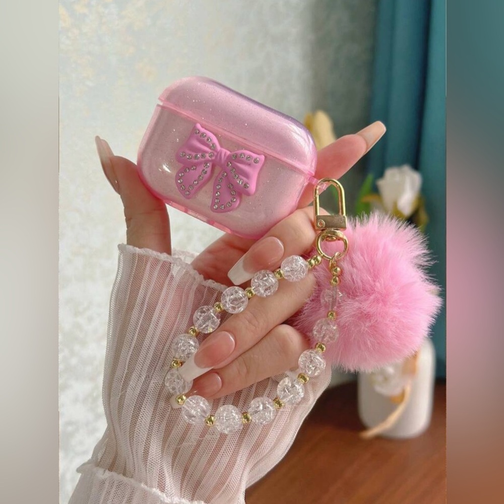 Pink Glitter AirPod 1/2 Case with Rhinestone Bow,Pom-Pom,&Crystal Bead Strap NWT